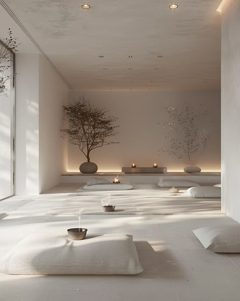 Serene minimalist studio designed for meditation with soft lighting and peaceful ambiance. Meditation Space Aesthetic, Minimal Meditation Room, Zen Clinic Interior Design, Relax Space Design, Zen Spa Aesthetic, Spa Meditation Room, Wellness Lounge Interior Design, Yoga Room Lighting, Zen Rooms Ideas