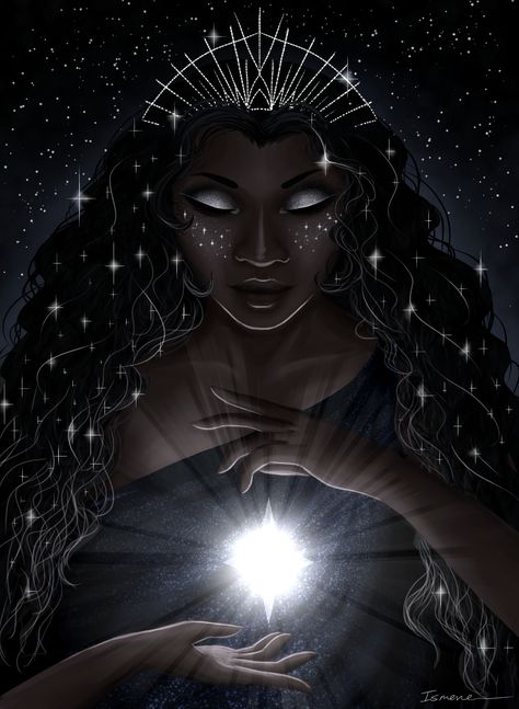 Mystical Woman Art, Goddess Of Stars, Goddess Of The Stars, Nyx Goddess, Star Witch, Moon Goddess Art, Goddess Aesthetic, Star Goddess, Black Goddess