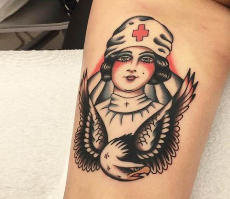 Traditional old school tattoo style of Nurse motive done by tattoo artist Vince Pages | Post 19162 | World Tattoo Gallery - Best place to Tattoo Arts Traditional Style Nurse Tattoo, Vintage Nurse Tattoo, Traditional Nurse Tattoo, Traditional Tattoo Nurse, Nightingale Tattoo, Old School Tattoo Style, American Traditional Sleeve, Inspo Tattoo, Nurse Tattoo