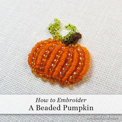 I love little embroidery tutorials. And I love autumn. And I love pumpkins. But if you've been following along on Needle 'n Thread for a while, you probably already know all this. There are quite a few fall-themed embroidery tutorials, patterns, and projects floating around here!The other da Halloween Beaded Embroidery, Fall Themed Embroidery, Beading Embroidery Patterns, Pumpkin Embroidery Pattern, Bead Embroidery Patterns Templates, Bluebird Embroidery, Embroidery Pumpkin, Fall Leaf Template, Beaded Pumpkin