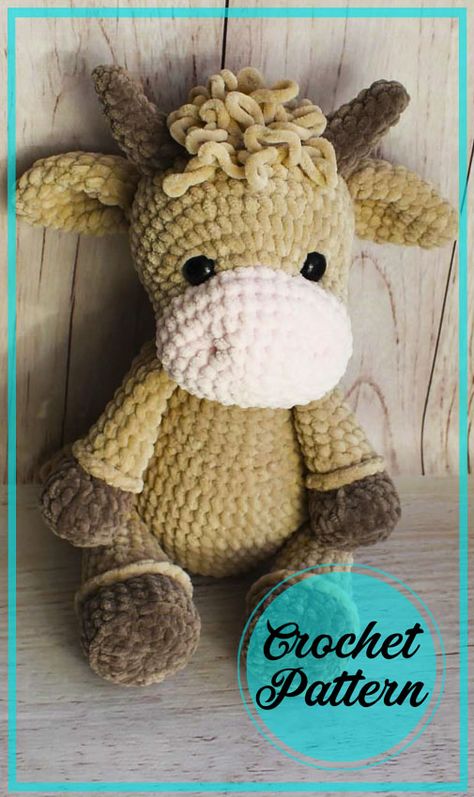 Cute Crochet Cow Plush, Cow Pattern Free Crochet, Amigurumi Plush Cow Free Pattern, Crochet Cow Plushie Pattern, Free Crochet Patterns Cows, Chunky Cow Crochet Pattern, Crochet Highlander Cow, Highland Cow Plush Pattern, Chunky Crochet Cow Pattern Free