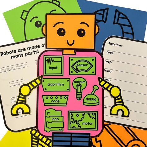 Robot Craftivity ✨ Review robot parts in a fun way and then have students create a robot that focuses on and reinforces vocabulary. Plus, the best part is that once their robots are complete, they make adorable bulletin board decor or an activity to put out at open house. Comment ROBOT to learn more! #stemteachers #iteachstem #steamteachers #stemeducation #stemteacher #iteachsteam #technologyeducation #teched Elementary Computer Lab, Basic Coding, Technology Lab, Robot Parts, Lab Activities, Computer Class, Stem Teacher, Interactive Presentation, Bulletin Board Decor