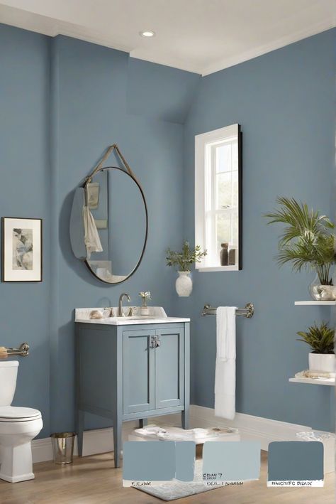 Home interior design, interior bedroom design, kitchen designs, living room interior Smokey Blue Bathroom, Smokey Blue Cabinets, Sw Smoky Blue Cabinets, Blue Bathroom Paint, Painting Bathroom Cabinets, Smoky Blue, Green Kitchen Cabinets, Paint Color Schemes, Blue Cabinets