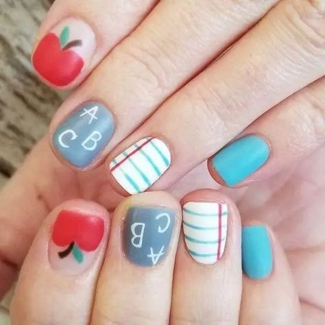 Teacher Nail Art, Teacher Nails, School Nail Art, August Nails, Back To School Nails, Graduation Nails, Cute Nail Art Designs, School Nails, Short Acrylic Nails Designs