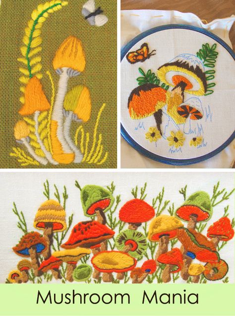 Vintage Needlepoint Patterns, 1970s Embroidery, Mushroom Dyeing, Embroidery With Wool, Embroidery Mushrooms, 70s Embroidery, Cozy Crafts, Vintage Crewel Embroidery, 70s Cottagecore