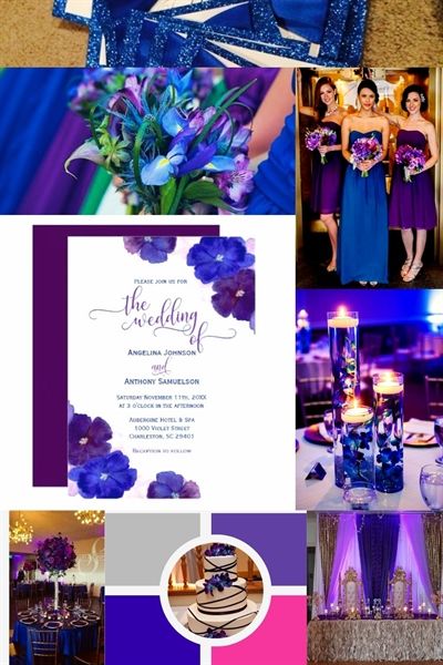 Royal Blue Purple And White Wedding, Purple And Royal Blue Wedding, Royal Blue And Purple Wedding, Royal Wedding Colors, Purple Teal Wedding, Blue And Purple Wedding, Silver Wedding Theme, Purple And Silver Wedding, Purple Wedding Theme