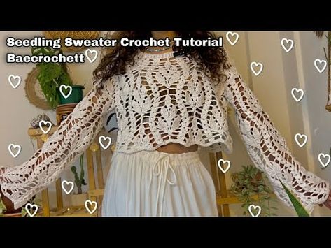 (137) Cute Lacy Leaf Sweater Crochet Tutorial BAECROCHETT Seedling Sweater - YouTube Crochet Lace Pullover, Crochet Lace Sweater Pattern Free, Sweater Crochet Tutorial, Yarn Bag Tutorial, Lace Sweater Pattern, Lace Crochet Cardigan, Leaf Sweater, Crochet Pants Pattern, Sweater Tutorial