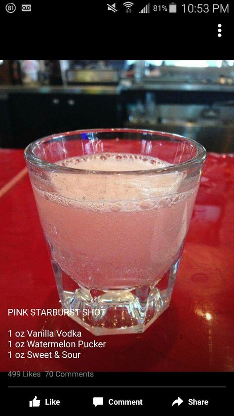 Perfect & easy "girly shot" for you know who... Fruity Mixed Drinks, Pink Starburst, Vanilla Vodka, Boozy Drinks, Shot Recipes, Jello Shots, Alcohol Drink Recipes, Drinks Alcohol Recipes, Alcohol Recipes