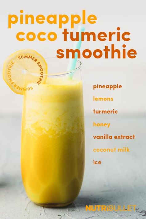 Healthy Vitamin Smoothies, Magnesium Tumeric Lemonade, Tumeric Smoothie Recipes, Turmeric Smoothie Recipe, Nutribullet Recipes Smoothie, Tropical Lemonade, Drink Recipes Healthy, Lemon Smoothie Recipes, Inflammatory Smoothies