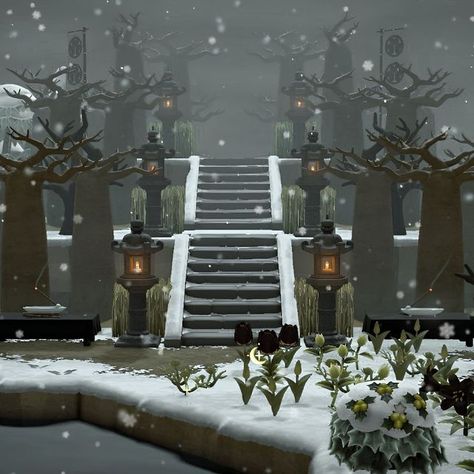 Michelle 👑 ACNH Addict on Instagram: "Wonder where this staircase leads to…🤔 Let me know your guesses! #acnhwinter #acnhforest #acnhjapanesestyle #acnhbuild #acnhspooky #acnhsnow Animal crossing ACNH winter Japanese style snow build speedbuild new horizons nintendo mom gamer explore cozy" Acnh Forbidden Forest, Animal Crossing Island Ideas Winter, Animal Crossing Graveyard Ideas, Acnh Perfect Snowboy, Acnh Spooky Builds, Cozy Animal Crossing Ideas, Acnh Chapel, Animal Crossing Nordic Style, Moody Acnh Island