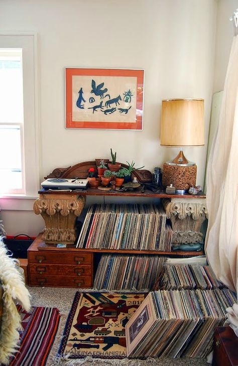 Introducing New Worlds With A Shrug Lp Records, Vinyl Storage, Concrete House, Record Storage, Record Collection, Boho Interior, Eclectic Home, Industrial Chic, My Dream Home