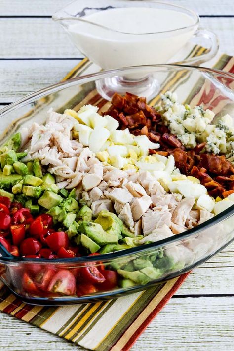 Lettuce-Free Keto Cobb Salad – Kalyn's Kitchen Salad No Lettuce, Keto Cobb Salad, Low Carb Salads, Salads Without Lettuce, Cobb Salad Ingredients, Low Calorie Salad, Coleslaw Salad, Low Carb Salad, Healthy Recipes Easy Snacks