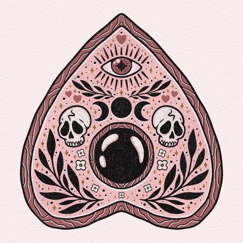 Ouija Planchette Art, Ouija Board Planchette Drawing, Ouija Planchette Tattoo Simple, Witchy Art Ideas, Planchette Illustration, Planchette Painting, Cute Skull Illustration, Ouija Planchette Drawing, Planchette Drawing