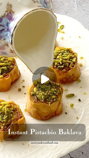 Savory and Sweet Food on Instagram: "{Archive} BAKLAVA HACK The recipe of this easiest single step Pistachio BAKLAVA is on the blog and YouTube. All that has to be done is slice the filo pastry into slices and bake with a good drizzle of ghee or butter. Serve it with sugar syrup and pistachios, instant baklava ready with minimal effort!  See full recipe video in my YouTube by tapping on link given in my bio @savoryandsweetfood   #ramadan #ramadan2024 #ramadansweets #iftar" Baklava Cheesecake Bites, Ramadan Sweets, Baklava Cheesecake, Pistachio Baklava, Filo Pastry, Samosa, Iftar, Baklava, Ghee