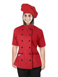 PRICES MAY VARY. Culinary Chef Jacket for Women- This Chef Uniform is for Executive Chef, Line Chef, Caterers and a wonderful Gift for chef. Matching Colour Chef Hat of same cloth with Velcro fasteners so would fit XS to XXL. Poly/Cotton blend- This Poly cotton blended cloth gives you comfort and Cool feel while working in the hot Kitchen. This Chef Outfit has 10 Black cloth Covered Buttons with 2 patch pockets and one thermometer pocket. This chef Uniform is suitable for all kinds of Profession Chef Coats For Women, Baker Outfit, Chef Coat Design For Women, Chef Outfit, Chef Dress, Women's Chef Jacket, Chef Coats, Culinary Chef, Gift For Chef