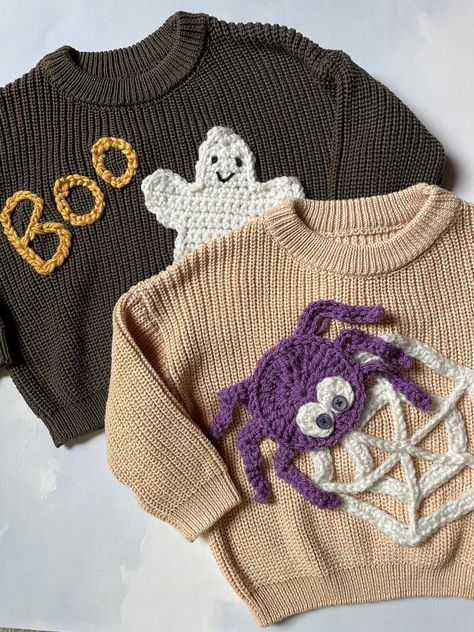 Baby Hand Embroidered Halloween Sweater Halloween Baby - Etsy Embroidery Sweater Ideas, Crochet Halloween Sweater, Hand Embroidery Sweater, Nana Crafts, Embroidery Sweater Diy, Spider Sweater, Homemade Wardrobe, Embroidery Sweaters, Halloween Knitting Patterns