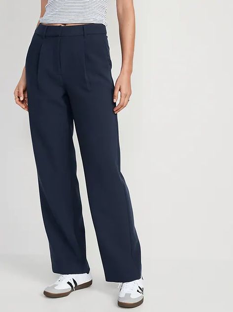 Navy Trousers Outfit Women, Navy Trousers Outfit, Navy Wide Leg Trousers, Wide Leg Trousers Outfit, Trouser Suit, Blue Trousers, Straight Trousers, Old Navy Women, Suit Pants