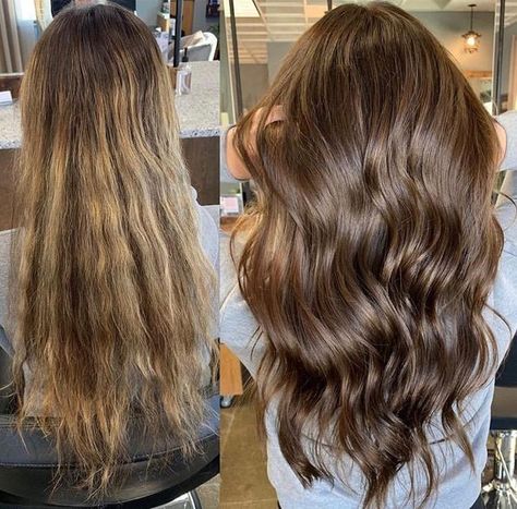 Toning Highlights Before And After, Brown Toner Before And After, Light To Dark Hair Before And After, Brassy Hair Before And After, Hair Before And After, Blonde To Light Brown Before And After, Going Darker From Blonde, Brown Hair Makeover, Blonde To Brown Before And After