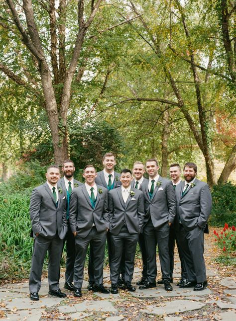 Dark Grey Groomsmen Suits, Dark Grey Groomsmen, Groomsmen Attire Grey, Grey Groomsmen Suits, Grey Tuxedo Wedding, Grey Groomsmen, Gray Groomsmen Suits, Green Ties, Groomsmen Grey