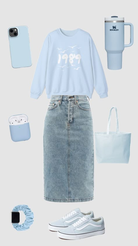 Light Blue Skirt Outfit, Midi Denim Skirt Outfit, Blue Casual Outfit, Blue Skirt Outfit, Denim Skirt Outfit Ideas, Light Blue Skirt, Denim Skirt Outfit, Midi Denim Skirt, Modest Casual Outfits