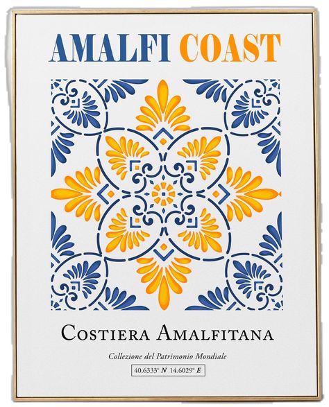 Amalfi Mood Board, Amalfi Coast Aesthetic Wallpaper, Amalfi Coast Wallpaper, Italy Illustration Art, Blue And Yellow Tile, Italy Illustration, Pattern Wall Art, Italian Posters, Kpop Iphone Wallpaper