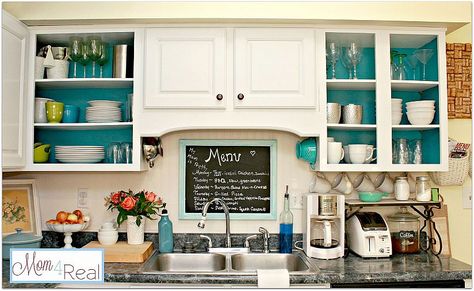 Open Kitchen Cabinets with Aqua, White, Lime Green, and Silver Accents. - Cute smaller kitchen. Open Kitchen Cabinets, Modern Country Kitchens, Affordable Cabinets, Open Cabinets, Diy Cabinets, Kitchen Redo, Trendy Kitchen, Painting Kitchen Cabinets, Cottage Kitchen