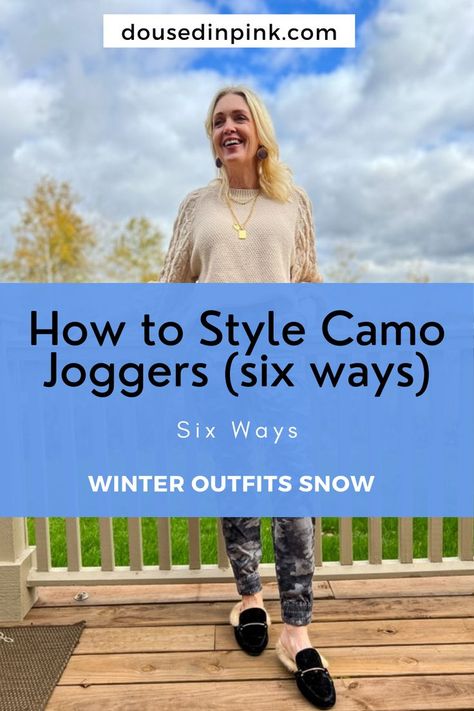 woman wearing camo print joggers, tan sweater and faux fur mules. What To Wear With Camo Joggers, How To Style Camo Joggers, Camo Jogger Pants Outfit, Gray Camo Pants Outfit, Light Camo Pants Outfit, Women Camo Pants Outfit, Camo Sweatpants Outfit, Camo Pants Outfit Women, Camo Joggers Outfit Women