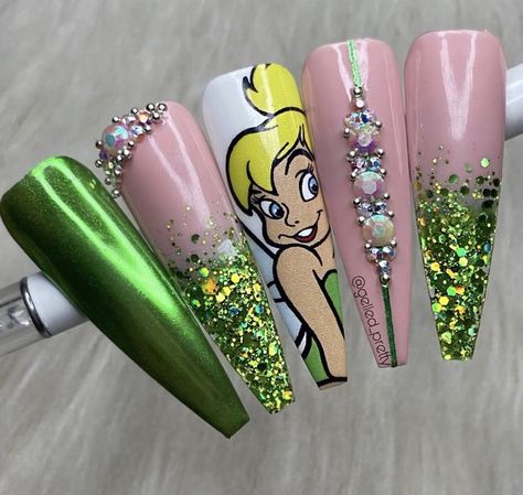 Characters Nails Design, Nails With Cartoon Characters, Character Nail Art Disney, Character Nails Designs, Black Barbie Nails, Up Nails Disney, Character Art Nails, Disney Nail Designs Princesses, Tinkerbell Nails Designs