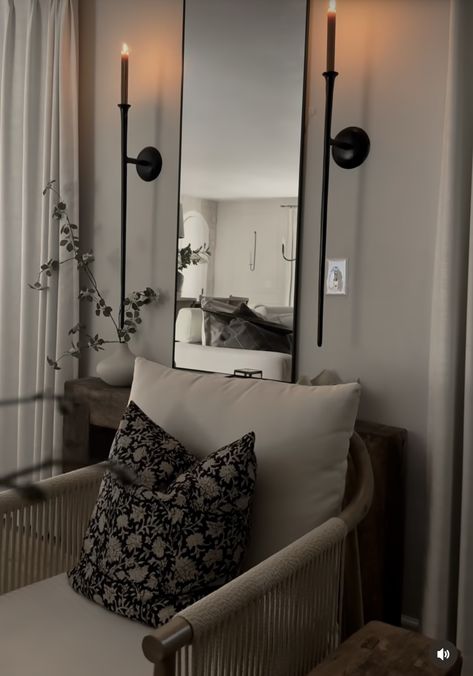 Mirror With Sconces On Each Side, Mirror With Sconces, Interior Inspo, Beautiful Interiors, Decorating Ideas, New Homes, Mirror, Living Room