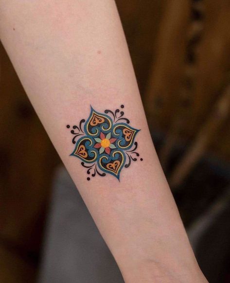 Ornamental Color Tattoo, Colored Ornamental Tattoo, Colorful Ornamental Tattoo, American Traditional Tattoos Color, Embroidery Tattoo Ideas, Mexican Inspired Tattoos, Czech Tattoo, Polish Tattoos, Embroidery Tattoo