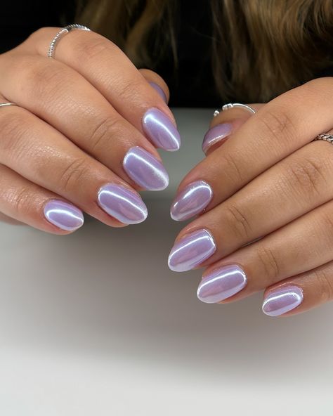 idk how i haven’t done this color before?? we used an iridescent purple from @vbeautypure with white chrome over! so contemplating doing this for me next set 🤭 gel overlay using @luminary_nail_systems multi-flex base in clarity purple base is 067 from @vbeautypure 💜 #nails #nailart #nailsofinstagram #manicure #nailsoftheday #gelnails #beauty #nailsart #nail #nailsdesign #naildesign #vbeautypure #nailtech #nailstagram #naildesigns #apresgelx #nailstyle #nailsnailsnails #nailartist #nailpoli... Purple Nails Iridescent, Alzheimer’s Awareness Nails, Milky Lavender Chrome Nails, Purple Nails Gradient, Purple Chrome Short Nails, Purple Cat Eye French Tip Nails, Purple Glaze Nails, Purple French Tips Chrome, Taylor Swift Nails Purple