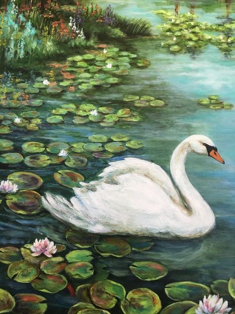 Swan Painting, Arte Van Gogh, Canvas Painting Designs, Landscape Art Painting, Small Canvas Art, A Pond, Painting Set, Diy Canvas Art Painting, Art Inspiration Painting