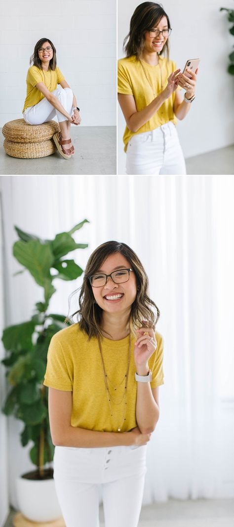 A woman wearing a yellow shirt, white denim, and a long necklace. Yellow And Blue Photoshoot, Yellow Photoshoot Ideas, White Shirt Female Photoshoot, Photoshoot Yellow Background, Chic Yellow Fitted Shirt, Professional Photo Shoot, Brand Photography Inspiration, Branding Photoshoot Inspiration, Personal Branding Photoshoot