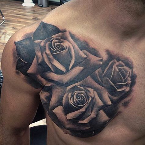 Roses upon the chest of a man fred flores Chest Piece Tattoo, Rose Chest Tattoo, Bird Tattoo Sleeves, Tattoo Font For Men, Piece Tattoo, Small Chest Tattoos, Rose Tattoos For Men, Girls With Sleeve Tattoos, Forarm Tattoos