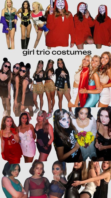 trio costumes #love #halloween #spooky #left #sad #preppy #smart #vintage #outfitinspo #slayalldayeveryday Last Minute Halloween Costumes Group, Hot Trio Costume Ideas, Scary Trio Halloween Costumes, Trios Halloween Costumes, Triple Halloween Costumes, Trio Costumes Halloween, Halloween Trios, Costume Duos, Trio Ideas