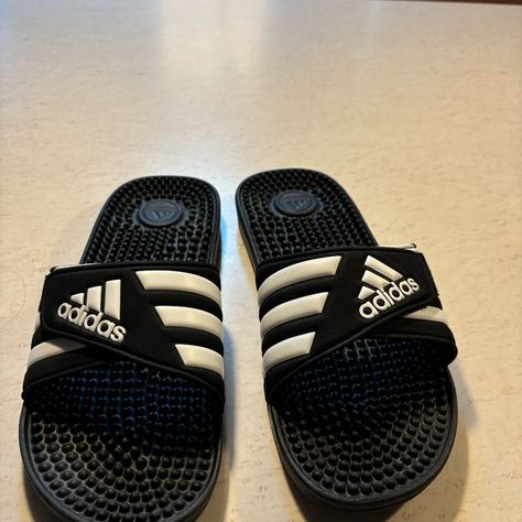 Mens Adidas Black And White Velcro Slides With Message Foot Pad. Brand New Wore Once. Adidas Slip, Adidas Black And White, Adidas Shoes Mens, White Slides, Adidas Cloudfoam, Black Slip On Shoes, Black Slides, Adidas Adilette, Mens Adidas