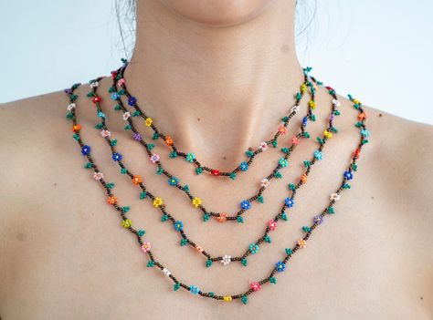 Flower Seed Bead Necklace, Flower Seed Bead, Colorful Choker, Boho Style Necklaces, Jewelry Promotion, Boho Layering, Jewelry Board, Distance Gifts, Long Distance Gifts