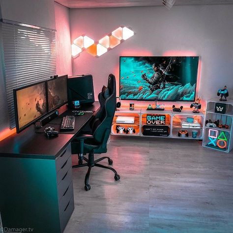 Small Game Rooms, Computer Gaming Room, Home Studio Setup, Gamer Room Decor, Video Game Room Design, Video Game Rooms, Bedroom Setup, Computer Room, Gaming Room Setup