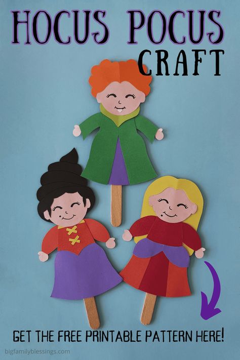 Sanderson Sisters Hocus Pocus Craft. Pretend to be the Sanderson Sisters with these fun Hocus Pocus Crafts. You'll find free printable templates for the Hocus Pocus puppets and step by step instructions for each sister Sanderson Sisters Crafts, Free Hocus Pocus Printables, Hocus Pocus Printable Free, Hocus Pocus Template, Hocus Pocus Crafts For Kids, Hocus Pocus Coloring Pages, Winnie Hocus Pocus, Hocus Pocus Crafts, New Hocus Pocus