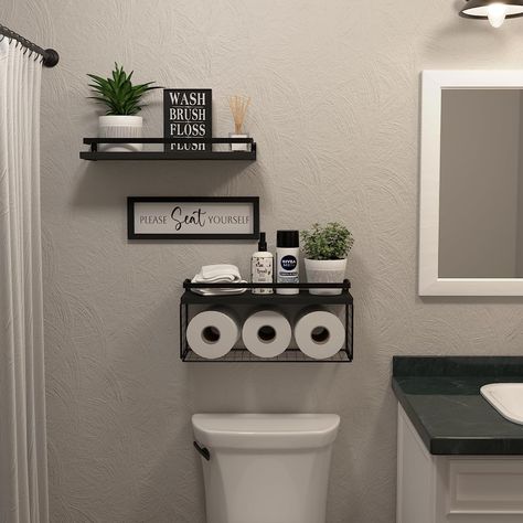 DOLLFIO Floating Shelves with Wall Décor Sign, Bathroom Shelves Over Toilet with Wire Storage Basket, Wood Wall Shelves with Protective Metal Guardrail– Black Visit the DOLLFIO Store 4.9 4.9 out of 5 stars 100 ratings Amazon's Choice for "over the toilet shelf black" 900+ bought in past month -13% $26.99 ($9.00 / Count) Please Seat Yourself, Bathroom Decor Signs, Shelves Over Toilet, Bathroom Shelves Over Toilet, Toilet Paper Dispenser, Wire Basket Storage, Over Toilet, Toilet Paper Rolls, Paper Dispenser