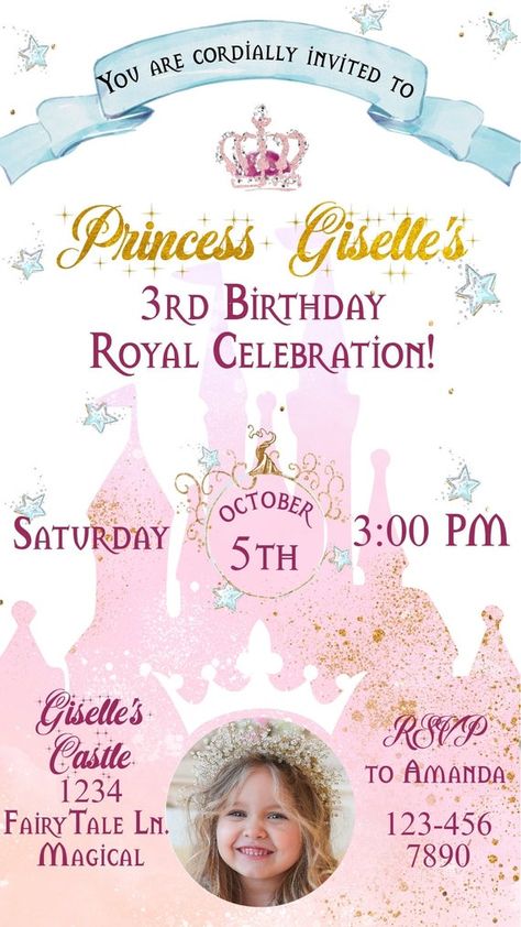 Princess Theme Invitation Template, Birthday Card Template Free, Princess Birthday Party Invitations, Disney Princess Theme, Wonderland Invitation, Birthday Invitation Card Template, Birthday Evite, Phone Invitation, Princess Birthday Invitations