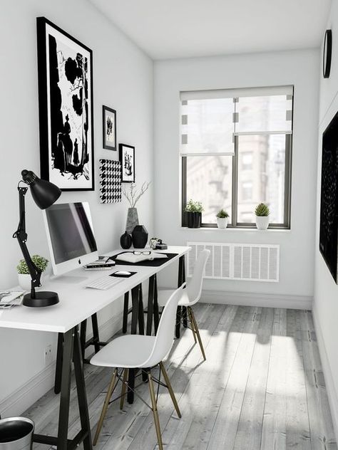 Black And White Home Office, Black And White Office, Home Office Inspiration, Office Decorating, White Office, Small Home Office, Workspace Design, Grey Flooring, Modern Home Office