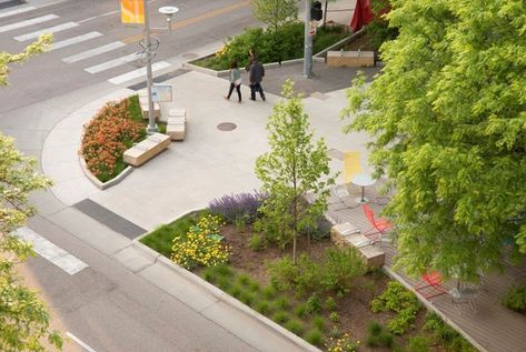 Streetscape Design Sidewalks, Dark Pavers, Steel Planter Boxes, Blade Signage, Urban Streetscape, Cor Ten Steel, Streetscape Design, Stormwater Management, Urban Landscape Design