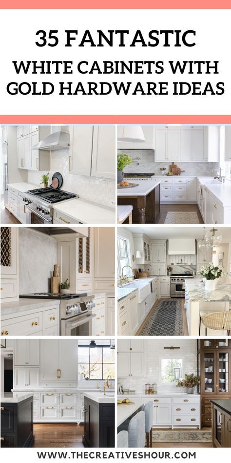 White Cabinets With Gold Hardware, Hardware For White Cabinets, Cabinets With Gold Hardware, White Cabinet Kitchen, Large White Kitchen, Full Overlay Cabinets, Gold Kitchen Hardware, Off White Cabinets, Small Galley Kitchen