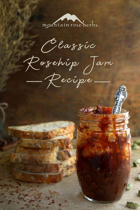 Classic Rosehip Jam (with Canning Recipe) Rosehip Jam Recipe, Vanilla Granola Recipe, Fall Jams, Rosehip Recipes, Vanilla Granola, Midday Snack, Freezer Jam, Mountain Rose Herbs, Mountain Rose