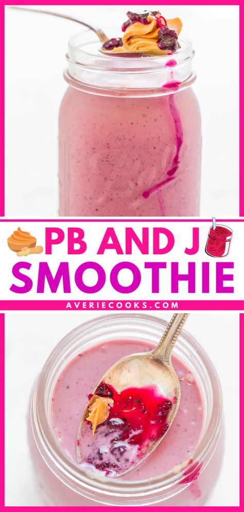 PB & J Smoothie - A perfect PB & J in drinkable form!! Smooth, creamy, satisfying, EASY, and healthy!! You're going to LOVE this version of a PB & J!! Fun Smoothies, Pb And J Smoothie, Pb And J, Healthy Breakfast Snacks, Averie Cooks, Perfect Summer Drink, Milk Smoothie, Workout Smoothies, Recipes With Few Ingredients