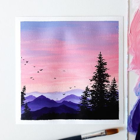 Painting Hills Acrylic, Purple Sunset Painting Easy, Pastel Painting Ideas Easy, Hills Drawing, Watercolour Sunset, Drawing Tutorials Step By Step, Sunset Painting Easy, Hills Painting, Painting Line Art