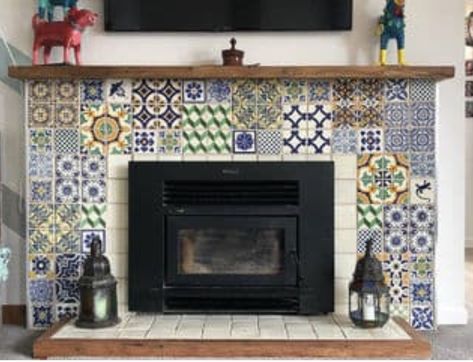 Tile Wood Stove, Fire Surround Ideas, Mosaic Fireplace, Boho Tile, Chimney Decor, Log Burner Living Room, Antique Fireplace Surround, Splash Backs, Fish Tiles