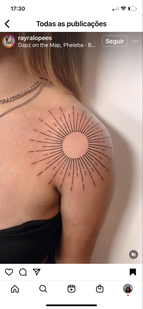 Sun Burst Tattoo Shoulder, Upper Arm Sun Tattoo, Red Sun Shoulder Tattoo, Sunburst Tattoo Shoulder, Easily Hidden Tattoos, Chest Sun Tattoo, Front Shoulder Tattoos For Women Unique, Large Sun Tattoo, Sun Shoulder Tattoos For Women