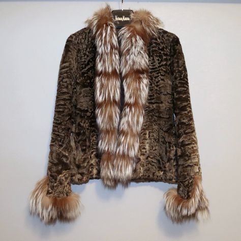 Genuine Karakul Persian Lamb Fur Jacket Contrasting Genuine Fox Trim At Collar, Cuffs And Down The Front 2 Front Pockets (Wool Or Cashmere Lined? Very Soft And Warm) 4 Concealed Hook Eye Closures Purchased About 3 Years Ago From Neiman Marcus 1 Owner - Meticulously Maintained - And Very Gently Used No Flaws Or Signs Of Wear - Could Almost Be Considered New Without Tags No Size Tag - Fits Like A Medium Approximate Measurements Laying Flat; Left Armpit To Right Armpit- 22.5" Smallest Waist Measure Luxury Long Sleeve Fur Coat With Faux Fur Trim, Brown Fur Coat With Feather Trim, Leopard Print Fur Coat With Faux Fur Trim, Luxury Leopard Print Fur Coat With Faux Fur Trim, Long-sleeved Faux Fur Coat With Fur Trim, Fur Trim Coat, Small Waist, Fox Fur, Fur Trim